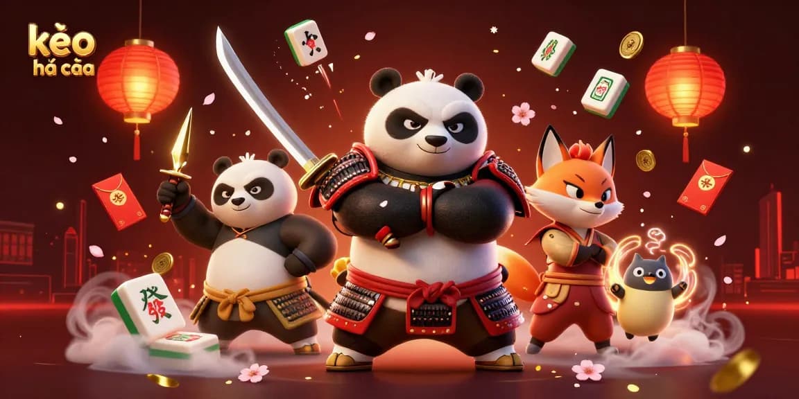 Engage with kèo nhà cái in a vibrant 3D gambling scene featuring a samurai panda, fox ninja, and magical tanuki.