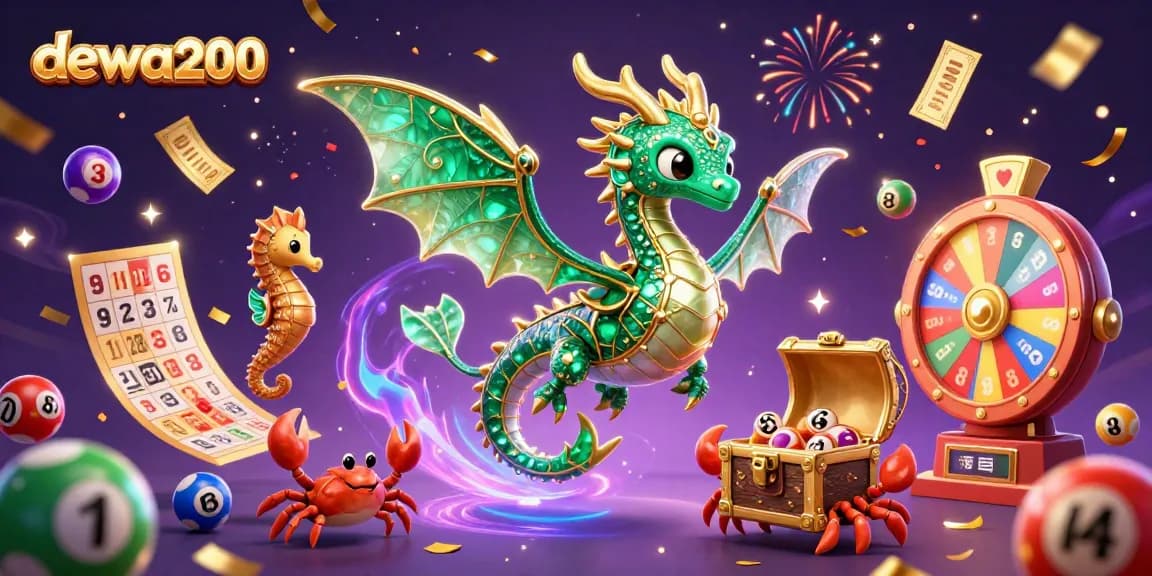 Memenangkan hadiah dengan dewa200 yang dikelilingi naga laut dan bola lotere berwarna-warni.