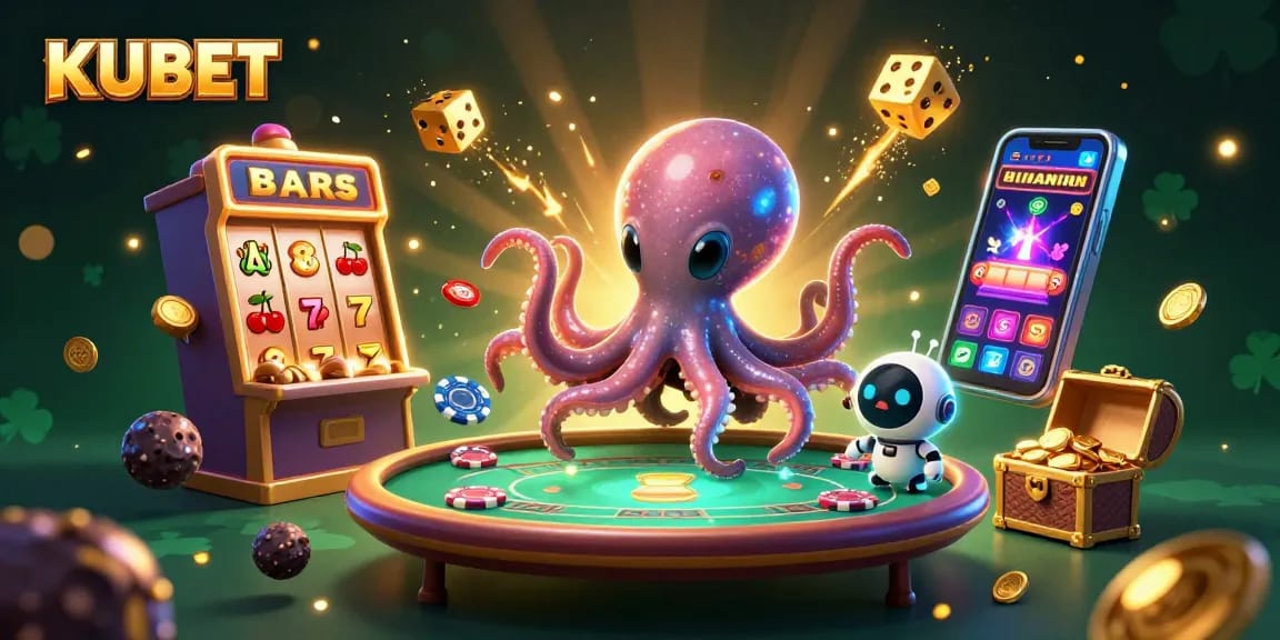 KUBET casino illustration featuring an alien octopus at a holographic poker table with dynamic slot machine effects.