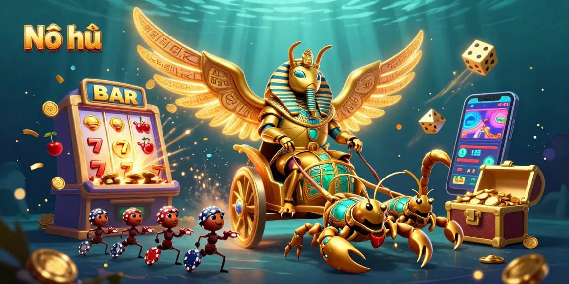 Nổ hũ jackpot scene featuring a golden scarab beetle on a chariot, surrounded by explosive casino elements.
