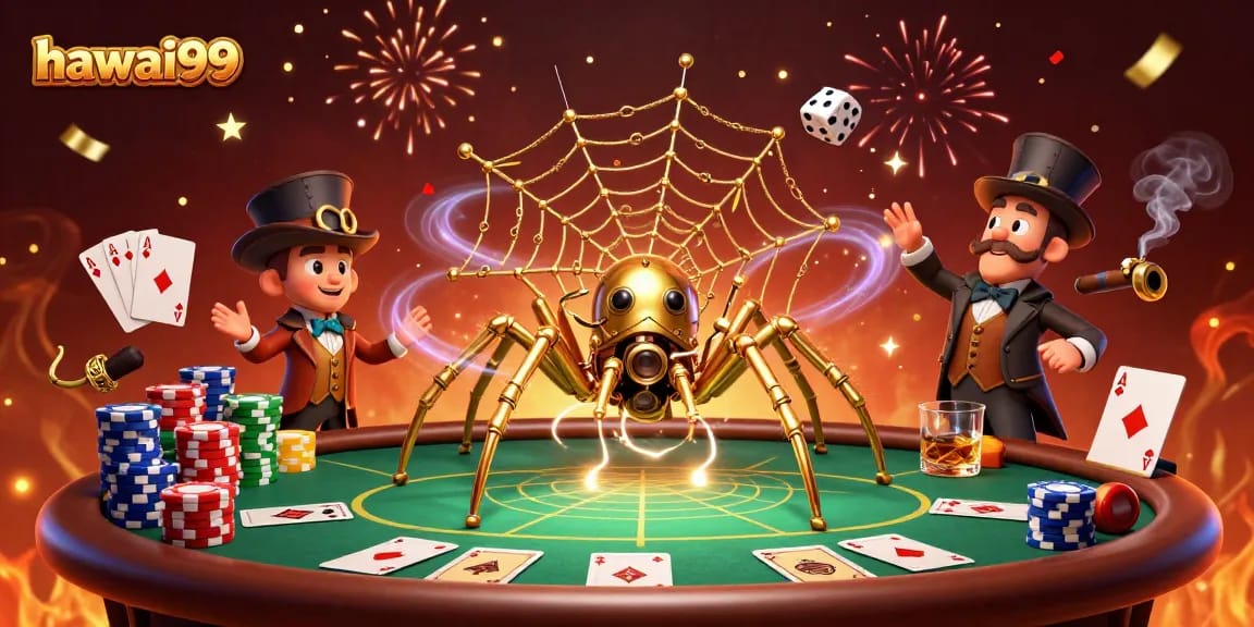Experience the thrilling world of hawai99 with a steampunk spider decorating a poker web.