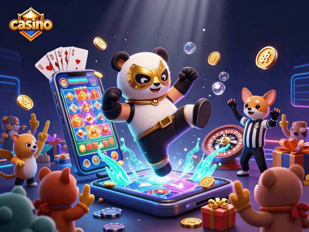 Engage in thrilling casino gaming with a panda wrestler and energetic crowd in this exciting 3D illustration.