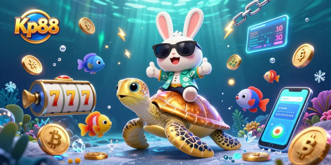 Kp88 showcases a vibrant scene of gambling joy with a lucky rabbit and sea turtle surrounded by slot machines and cryptocurrency.