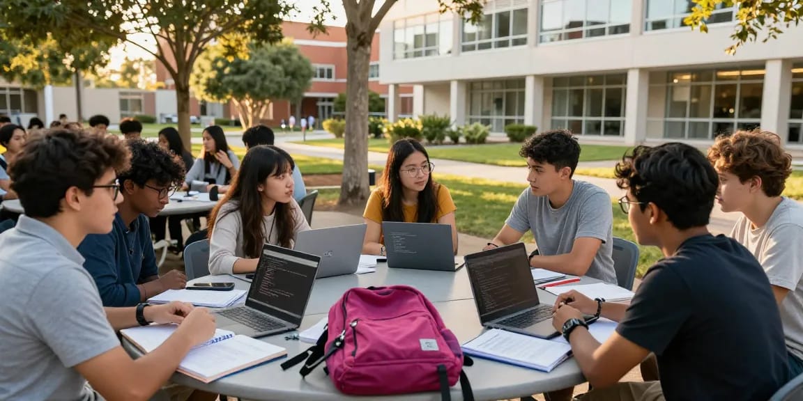 Students discussing programming languages and software on laptops in a vibrant university slot.