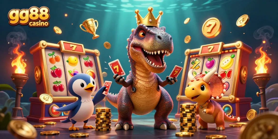 Experience thrilling action at gg88 casino with a T-Rex shuffling cards and fun slot elements.