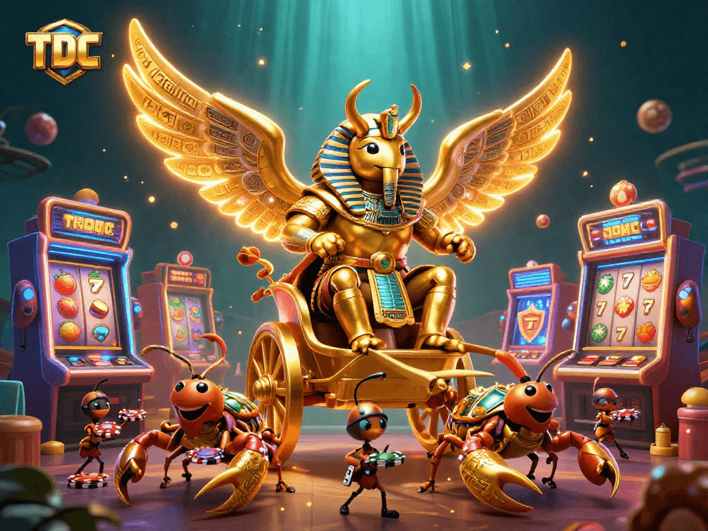 Engage in thrilling casino action with TDTC's vibrant slot machine adventure illustration.