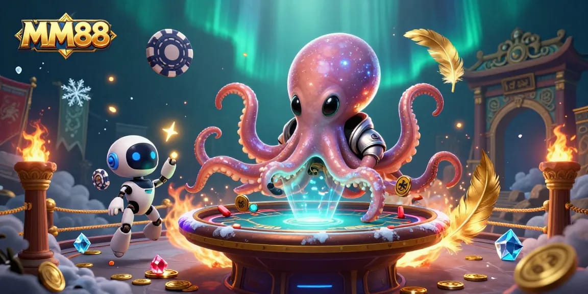 MM88 showcases an alien octopus in a dazzling poker setting filled with vibrant cosmic elements.