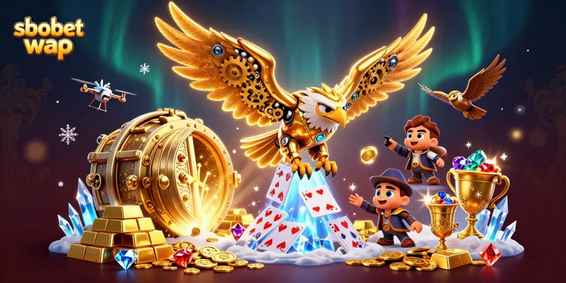 Simplifying sbobet wap to win with vibrant 3D digital illustration of a golden eagle and treasure elements