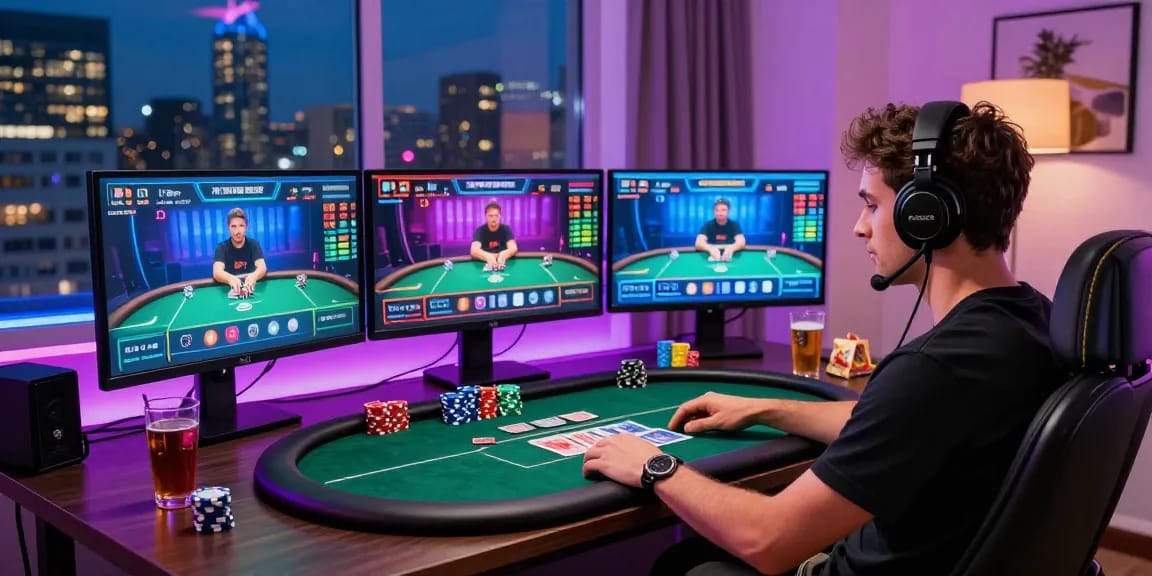 Engaging scene showcasing online poker with Alternatif Link Nagapoker on multiple screens, vibrant atmosphere.