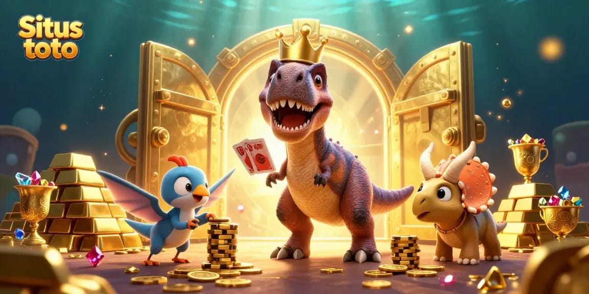 Situs toto showcases a dynamic scene of a T-Rex and friends juggling cards and chips for high-stakes fun.