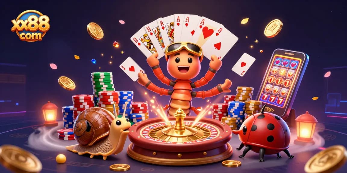 Join the excitement of xx88 com with a colorful casino scene featuring animated characters and vibrant games.