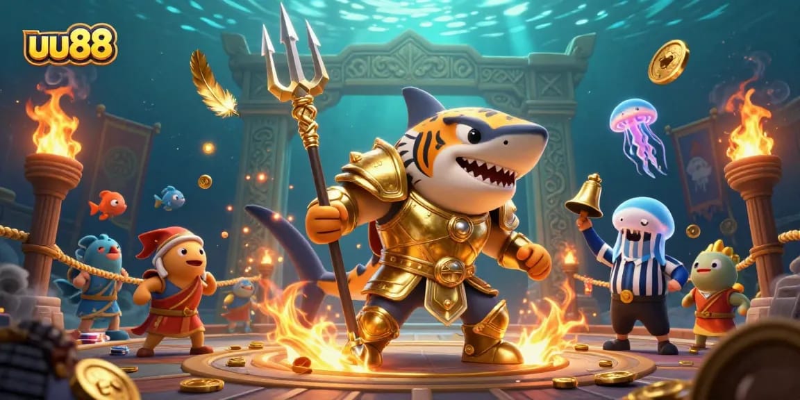 Engaging uu88 gambling action with a tiger shark in gladiator armor in a dynamic underwater casino scene.