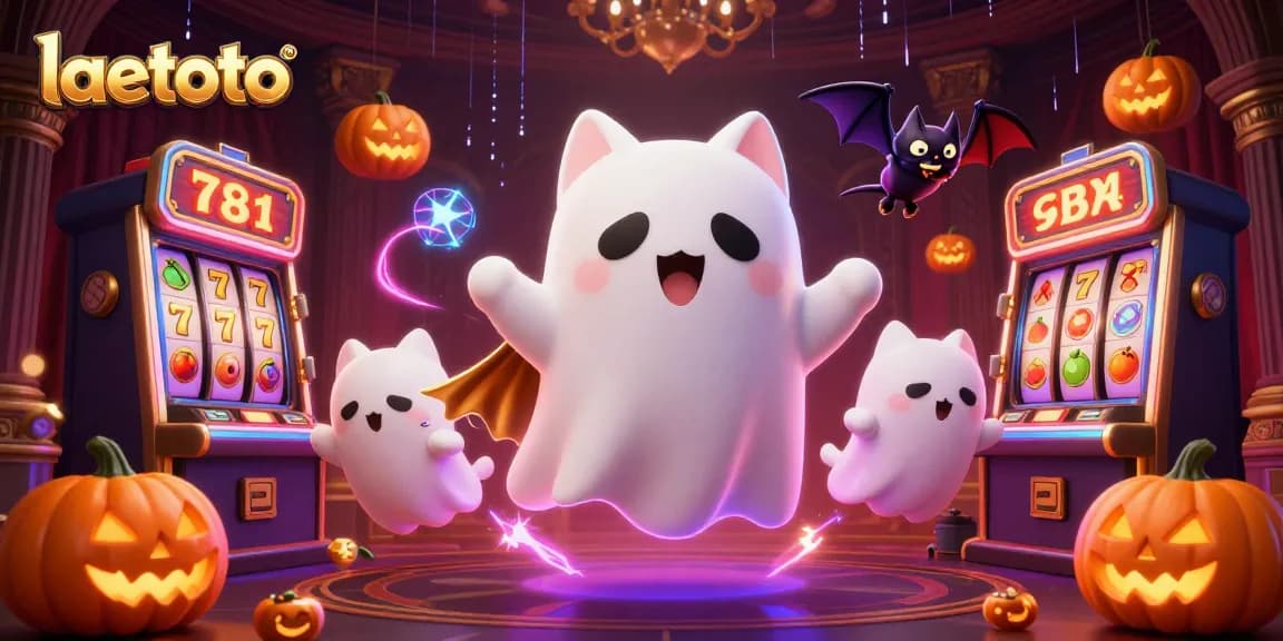 Experience thrilling slots with laetoto featuring a ghost cat and Halloween elements in a casino setting.