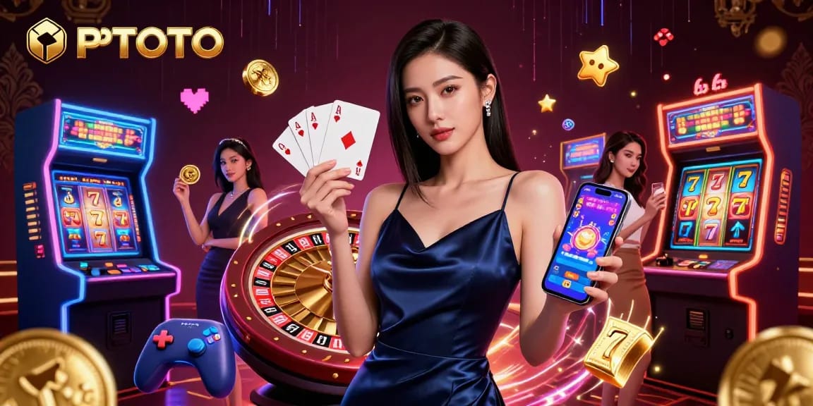PPTOTO menampilkan seorang wanita Asia yang percaya diri memamerkan aplikasi kasino, dikelilingi oleh elemen permainan yang berwarna-warni dan motif yang elegan.