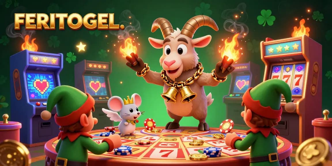 Experience thrilling action at FERITOGEL with Krampus, angel mouse, and elf gremlins in a vibrant lottery scene.
