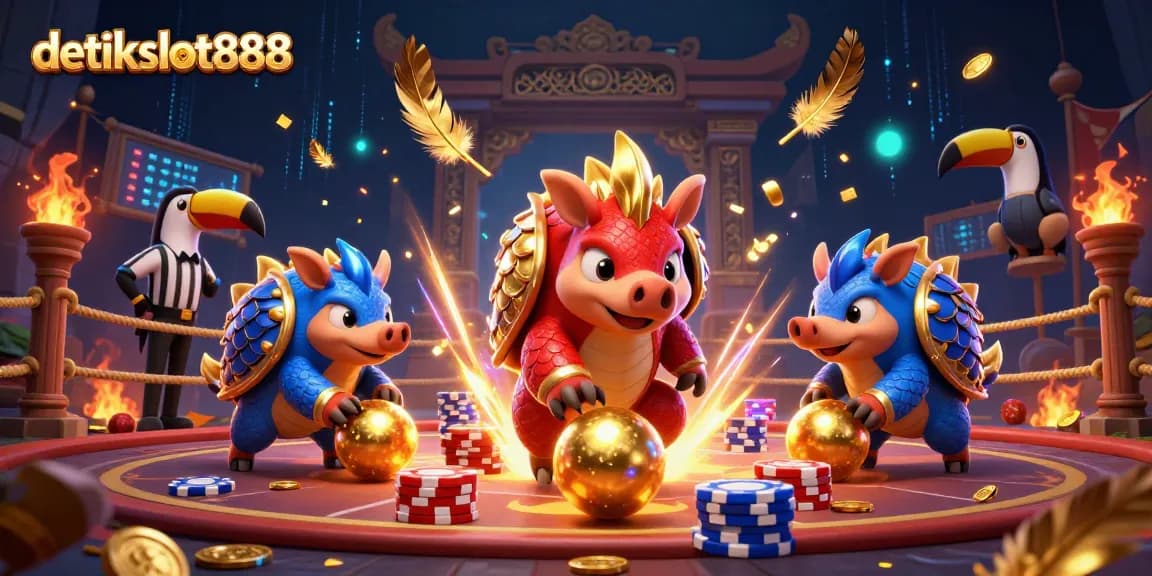 detikslot888 pangolins competing in a spirited game, surrounded by poker chips and casino elements