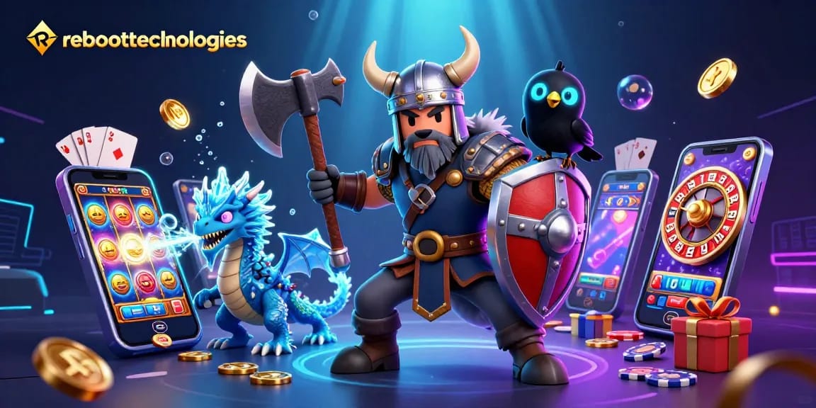 Reboottechnologies showcases an exciting slot gaming scene with a Viking warrior, fierce dragon, and glowing raven.