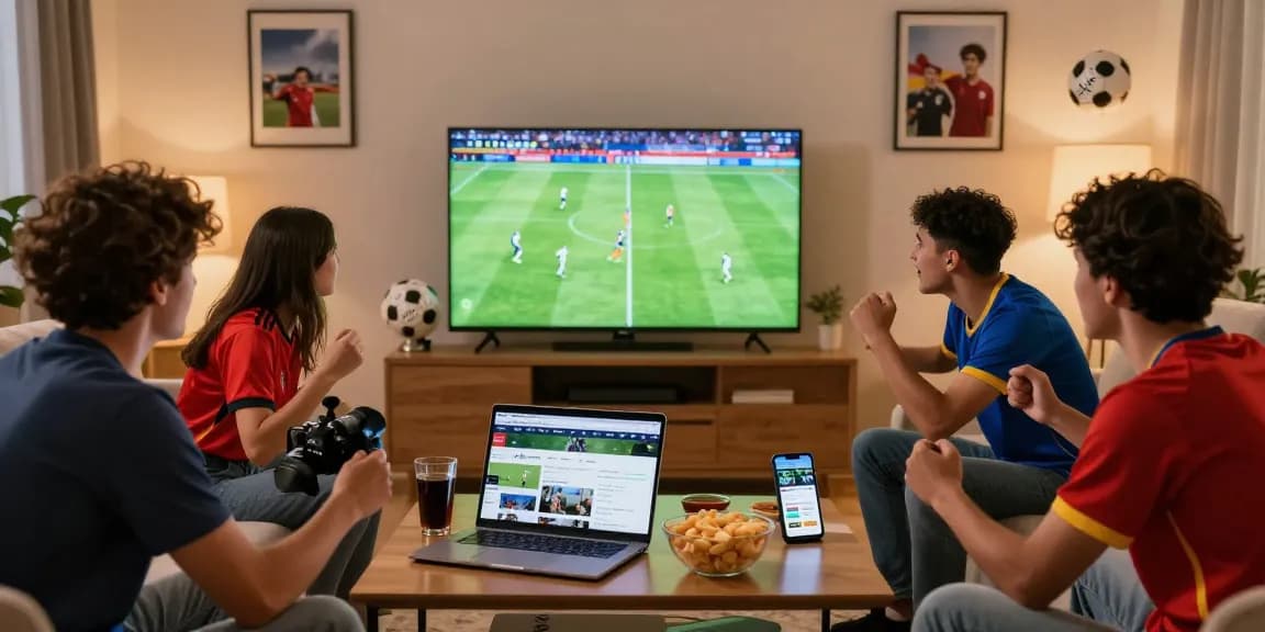 Fans enjoying live football streaming on Pelotalibre with snacks and drinks