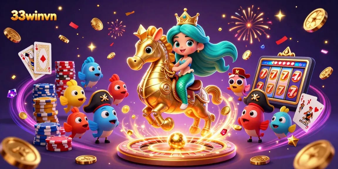 Engage with excitement at 33winvn with a magical mermaid princess as she rides a giant seahorse amid cascading coins and a festive casino atmosphere.