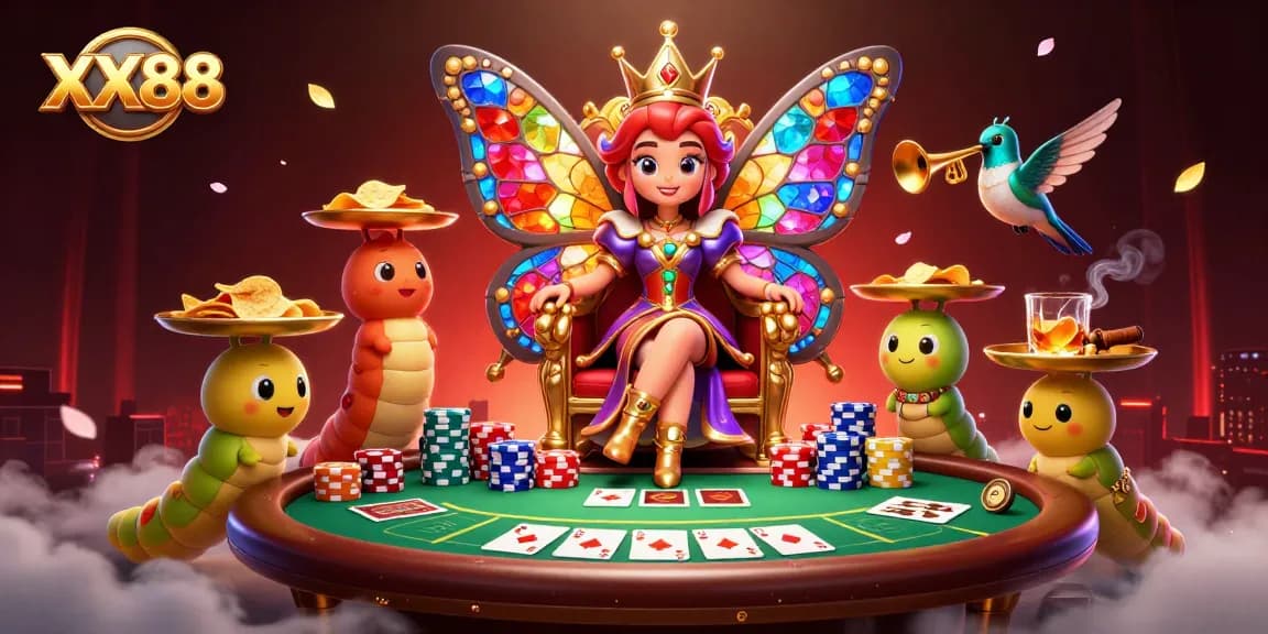 Experience the vibrant gaming scene of XX88 with a butterfly queen and poker elements.