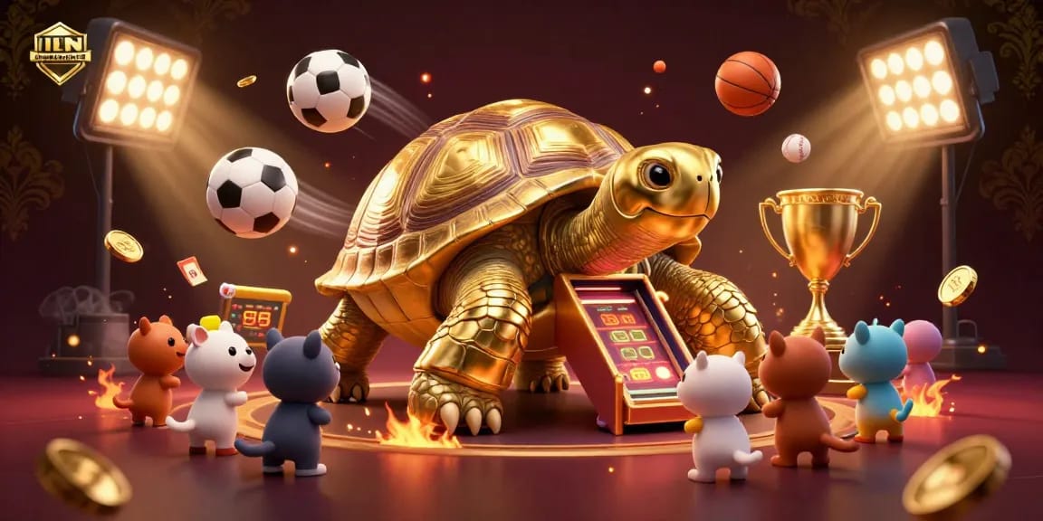 IDNSCORE offers an exciting gaming experience with a dynamic golden tortoise pinball machine surrounded by sports elements.