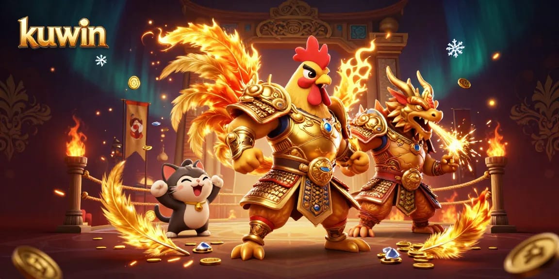 Kuwin's dynamic casino scene features a courageous rooster hero and dragon guardian amid swirling gold tokens and flame effects.