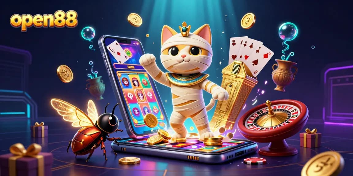 Win big with open88 as a 3D cartoon mummy cat explores a pyramid casino.