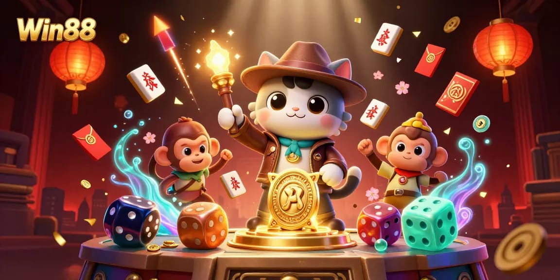 Win88 features an adventurous archaeologist cat and monkey amid floating casino artifacts.