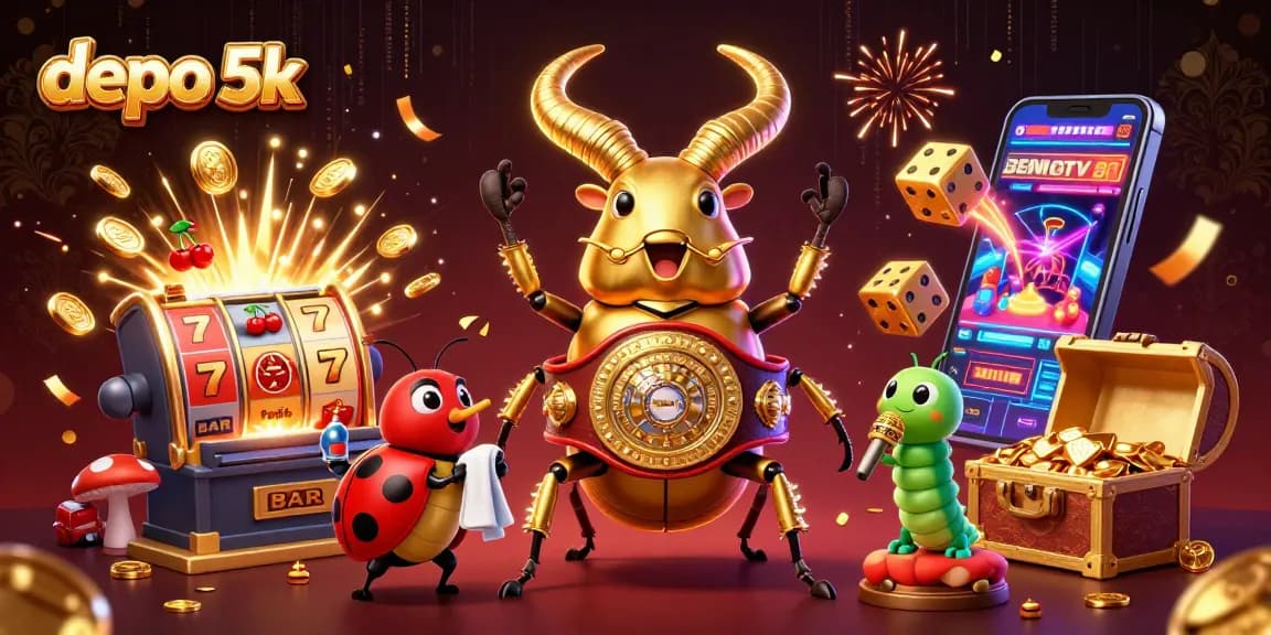 Engage in thrilling gameplay on depo 5k with a vibrant casino illustration featuring characters and slot machines.