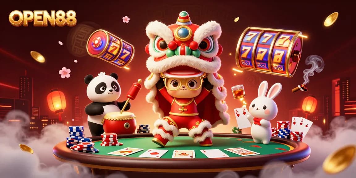 Engage with OPEN88's exciting gaming scene featuring a lively lion dance and animated casino elements.