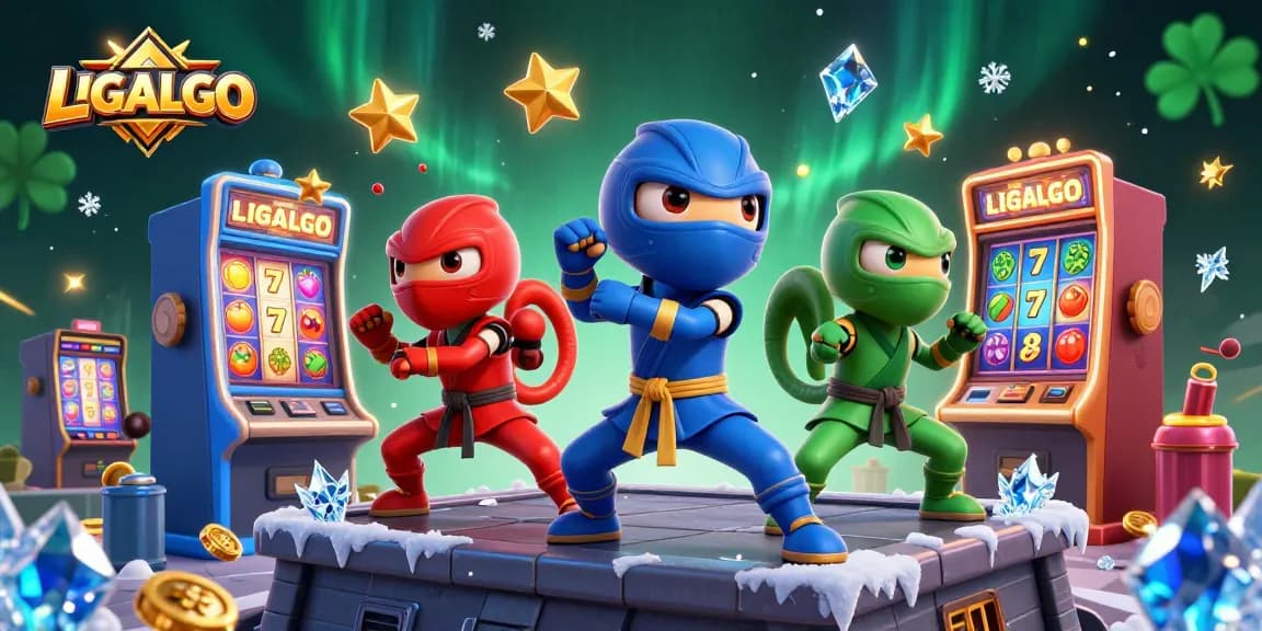 LIGALGO showcases ninja chameleons celebrating jackpots with colorful slots and exciting game elements.