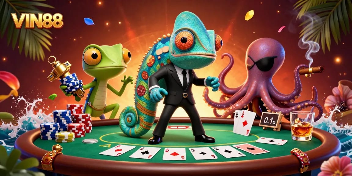 Engage in thrilling poker action with the VIN88 chameleon and companions in this vibrant casino scene.