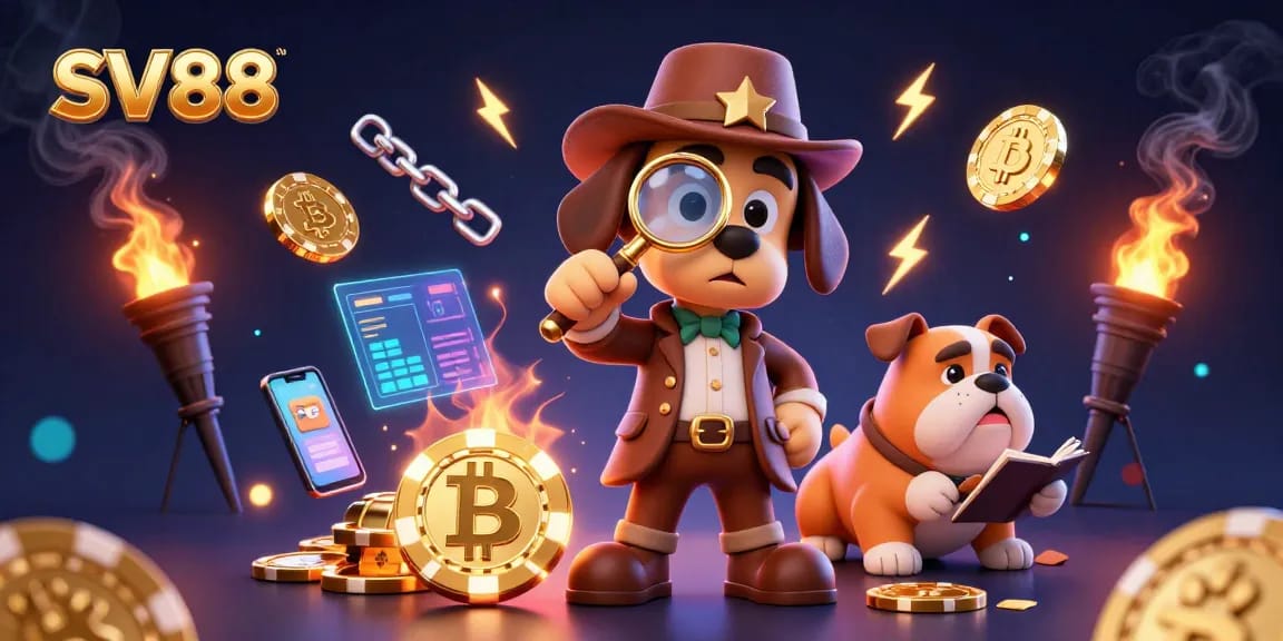 Engaging SV88 illustration of a detective dog discovering golden poker chips amidst crypto currency elements in a casino-like setting.