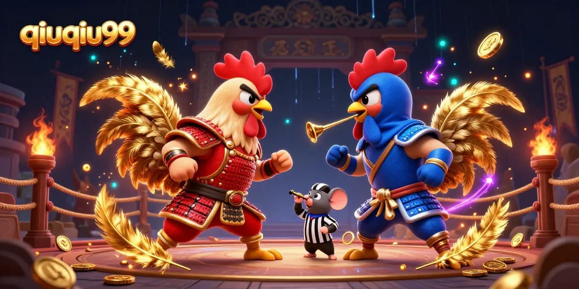 Engage in thrilling QiuQiu99 action with samurai and ninja roosters battling in a dynamic casino arena.