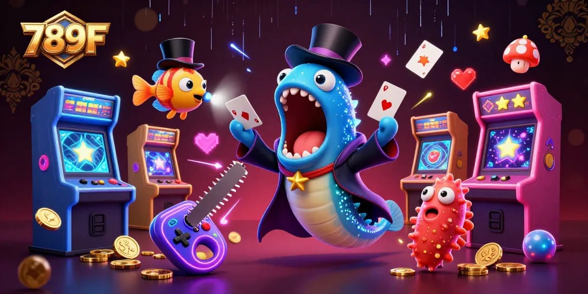Experience thrilling magic in 789F with a deep-sea eel performing card tricks amidst vibrant gaming elements.