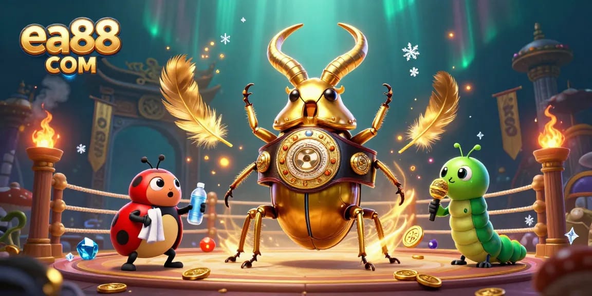 Engage with ea88 COM at the ultimate betting arena featuring a giant golden beetle and lively casino action.