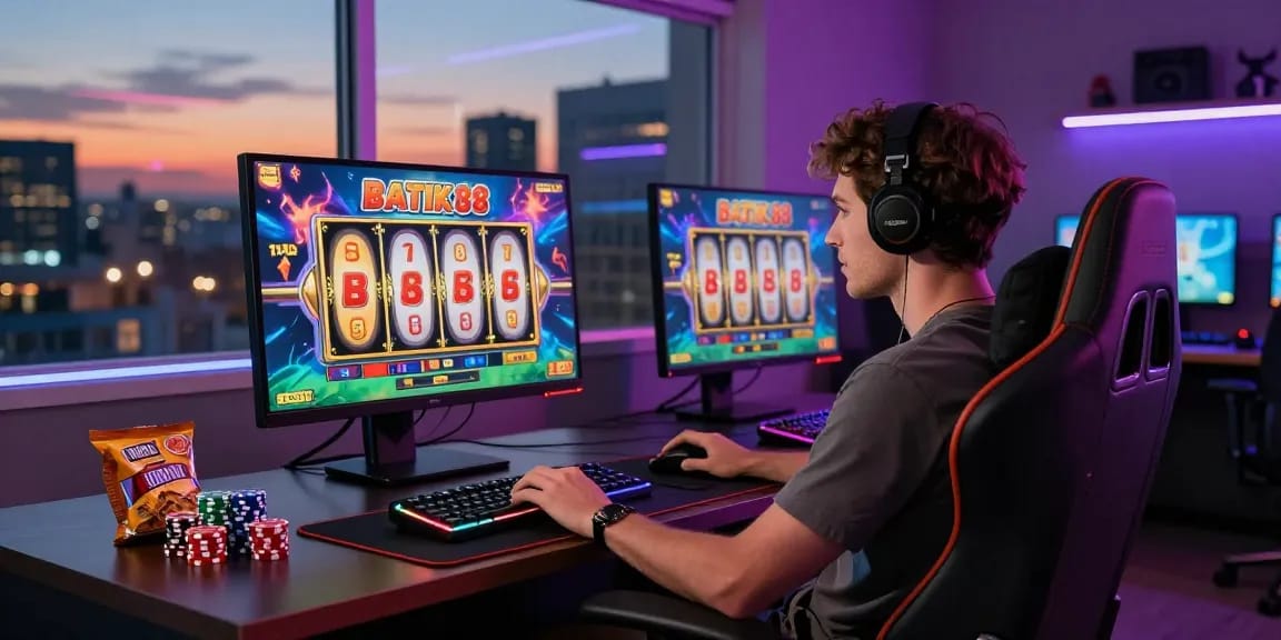 Permainan slot BATIK88 yang menarik dengan suasana gaming yang energik dan aksesori modern.