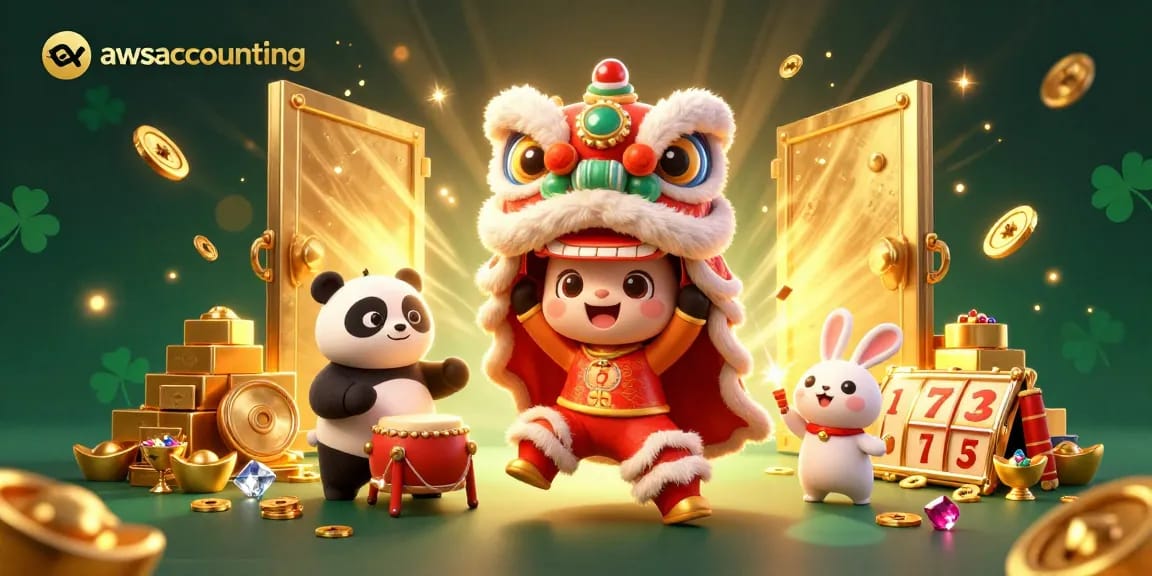 AWSAccounting's exciting slot gaming scene featuring a lion dance, treasures, and wins galore.
