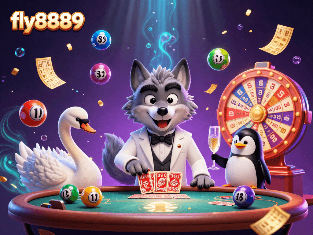 Experience exciting gameplay at fly8889 while a debonair wolf and elegant swan deal cards in a vibrant casino scene.