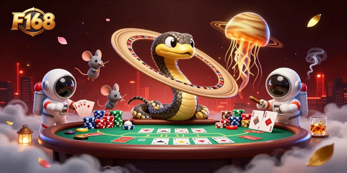 Astoundingly detailed scene of F168 with cartoon characters and gambling activities set in a cosmic theme.