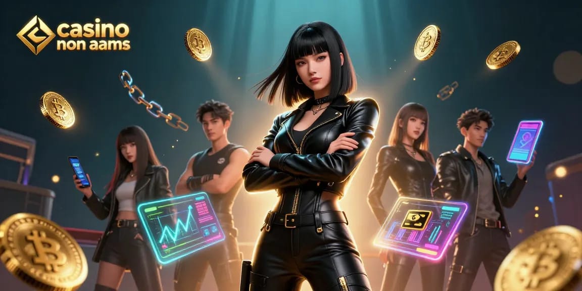 Interagisci con i casinò non AAMS in questa vivace scena 3D che mostra una potente donna asiatica circondata da elementi Bitcoin fluttuanti.