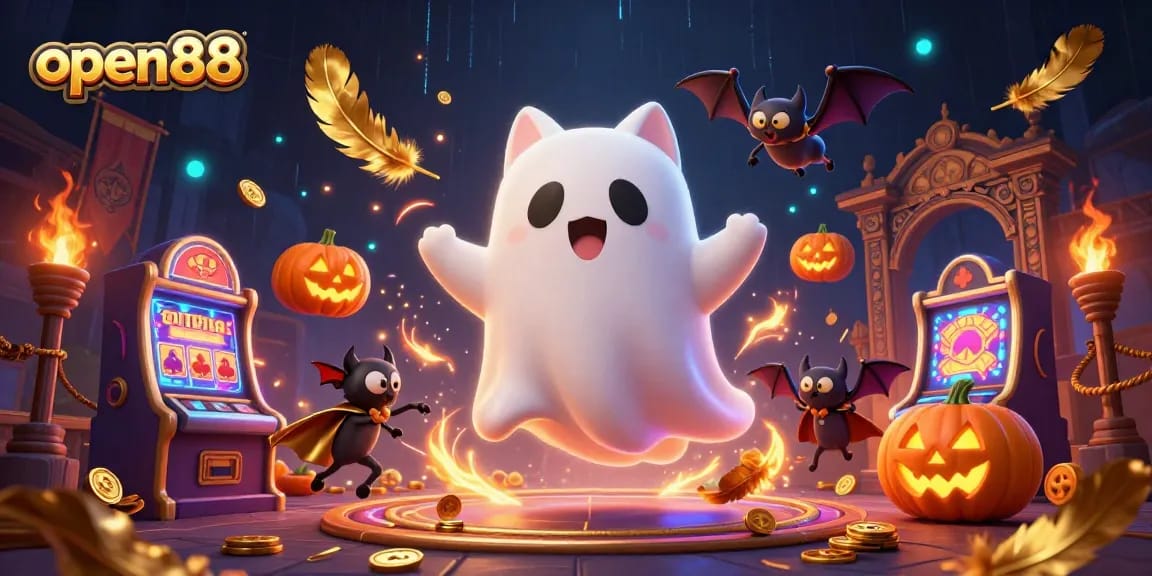 Engage in exciting gameplay with open88's vibrant casino scene featuring a friendly ghost cat.
