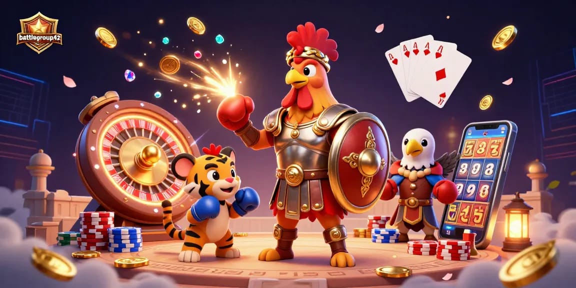 Engage in thrilling games at battlegroup42 with a colorful 3D casino scene showcasing exciting elements like golden coins and royal flush cards.