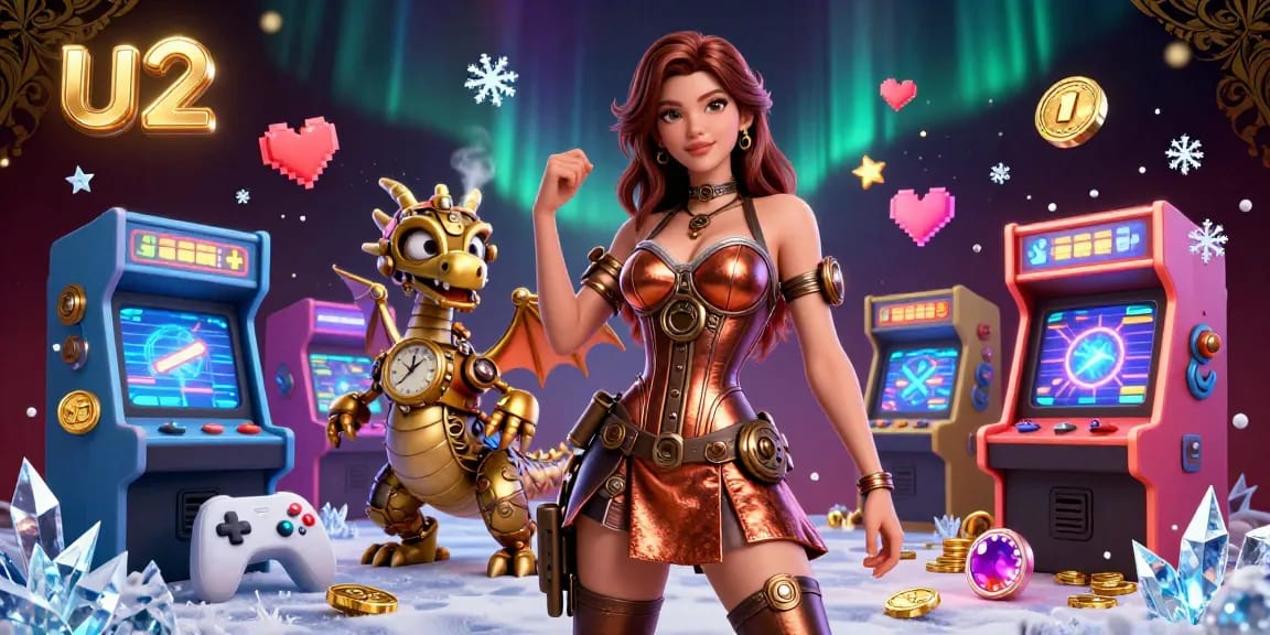 Play dynamic slot games at U2 Casino with a captivating 3D illustration showcasing vibrant gaming elements.