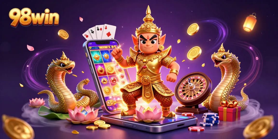 Engage with 98win's vibrant casino world featuring a guardian, game elements, and mystical effects.
