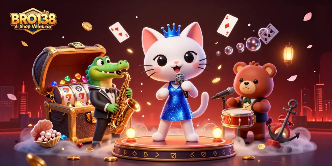 BRO138 di Shop Velouria illustrates a lively casino scene with a jazz-singer cat, saxophone-playing crocodile, and drum-playing bear.