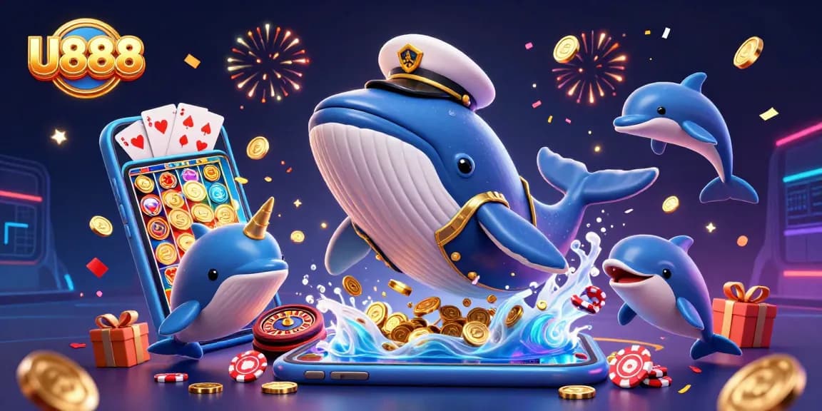 U888 offers thrilling gaming action with 3D cartoon characters amidst coins, slots, and poker chips.