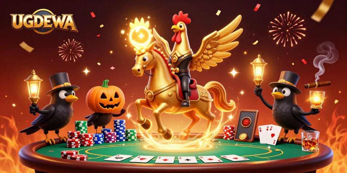 Experience the thrill of UGDEWA as a golden rooster leads a casino adventure with vibrant gaming excitement.