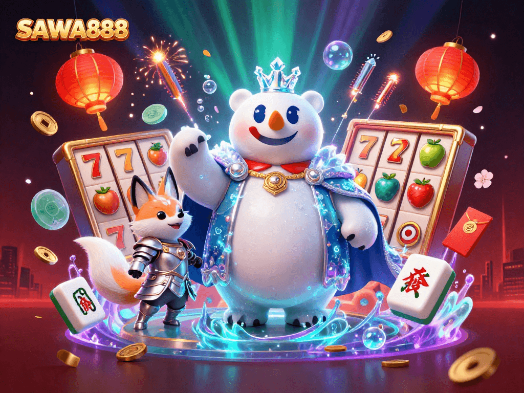 Experience thrilling gameplay with SAWA888 featuring vibrant slots and casino symbols.
