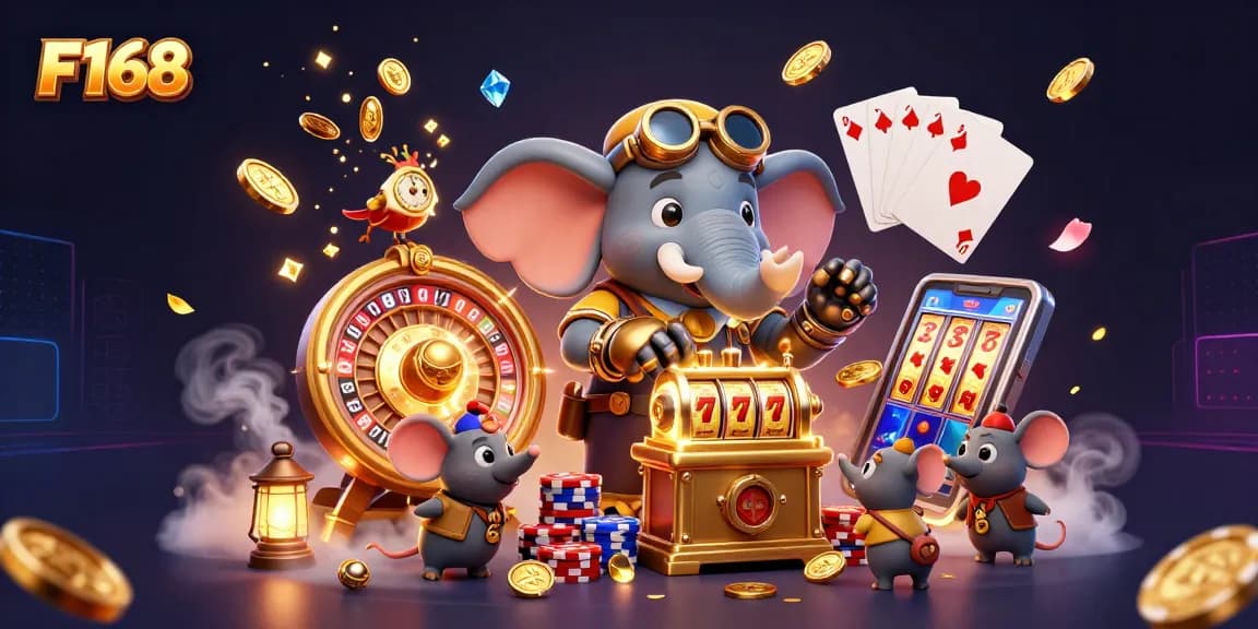 Experience thrilling wins at F168 with 3D steampunk characters in an action-packed casino scene.
